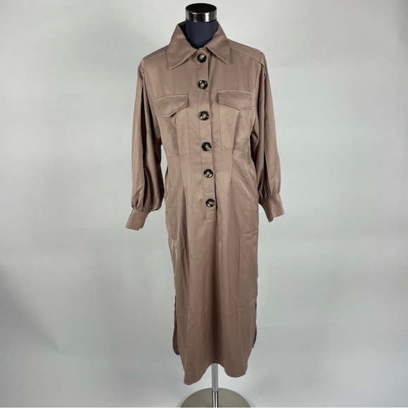 Balloon Sleeve Button Front Midi Dress - Picture 6 of 15